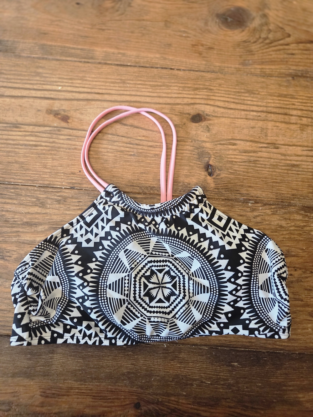 Xhilaration Black & White Geometric High-Neck Bikini Top with Pink Straps